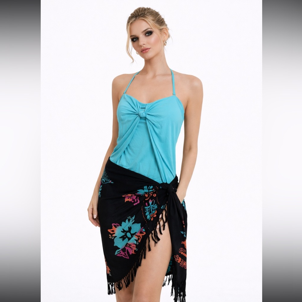🖤5/$25 2 pc Ann Klein Turquoise One-Piece Swimsuit Black Floral Cover-Up sarong